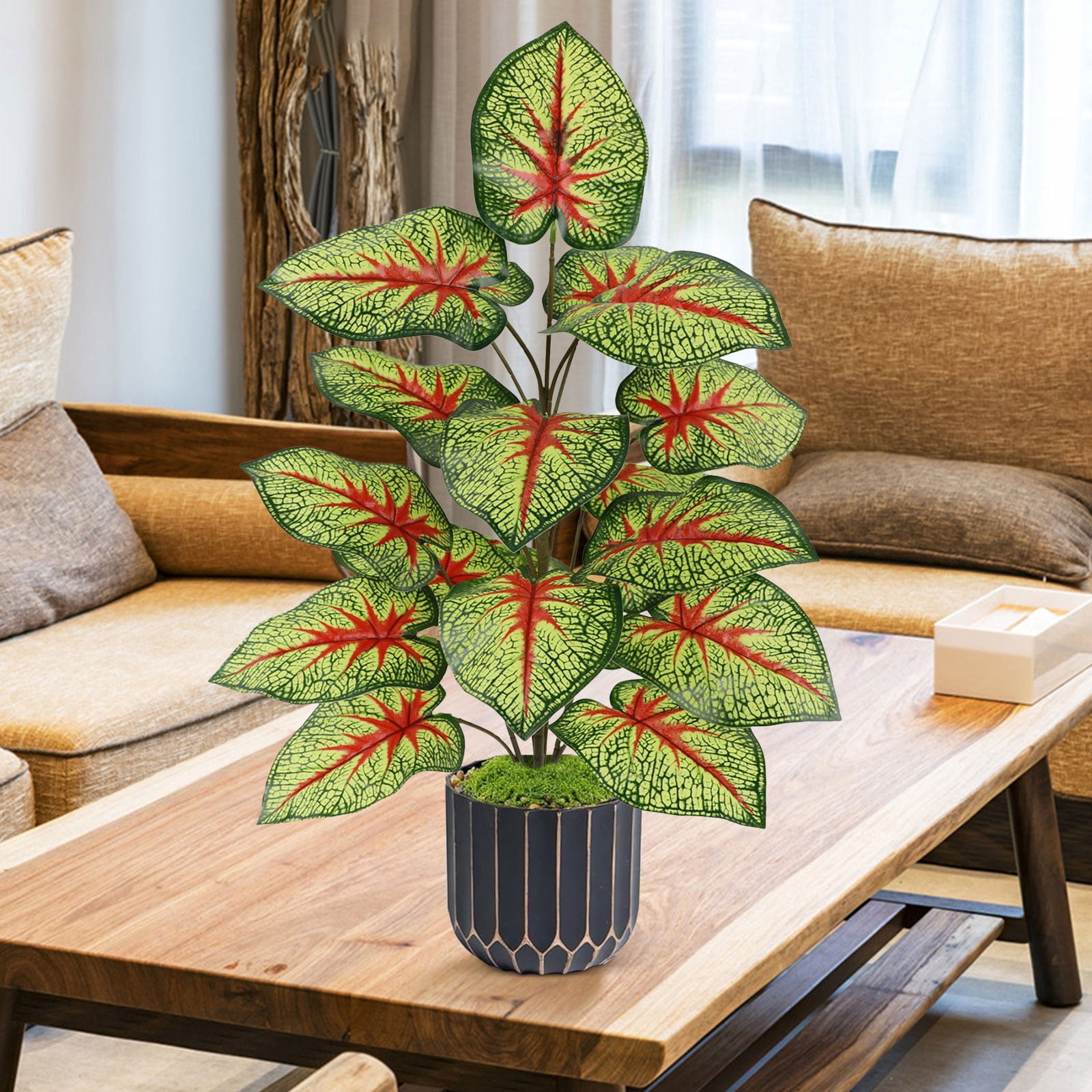 Artificial Caladium Plant Faux Red Heart Variegated Tropical Houseplant Realistic No Maintenance for Indoor Living Room Outdoor Patio Home Decor Fake Tropical Plants 25.6 Inch 1Pcs