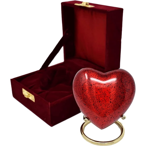 Small Heart Keepsake Cremation Urn for Human Ashes - Mini Urns for Mom & Dad with Velvet Case Memorial, Funeral Urn for Adult with Brass Stand Urns for your Loved One (Red Heart)