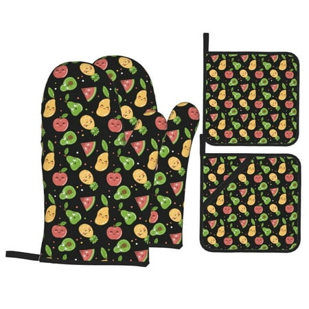 

Oven Mitts and Pot Holders Sets 4 pcs Cute Pear Mango Watermelon Pineapple Non-Slip Oven Gloves Potholders Soft Quilted Lining Heat Resistant Gloves Hot Pads for Kitchen Cooking Baking
