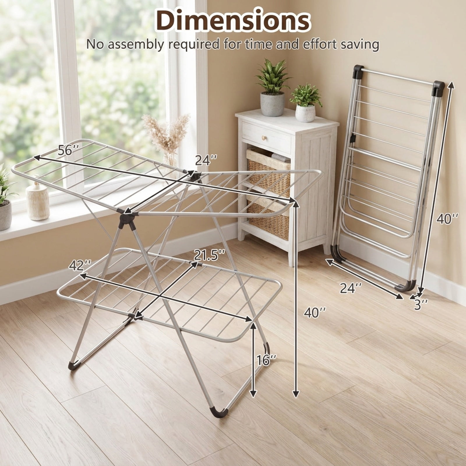Vebreda Foldable Clothes Drying Rack, Foldable 2-Tier Clothes Drying Rack Heavy-Duty Aluminum Stainless Steel Laundry Airer, laundry drying rack