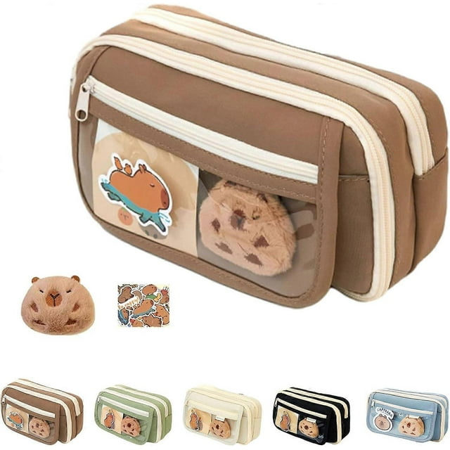 Capybara Pencil Case, Cute Kawaii Canvas Capybara Pencil Bag, Large Capacity Multi-Layer Transparent Capybara Pencil Case (Brown)
