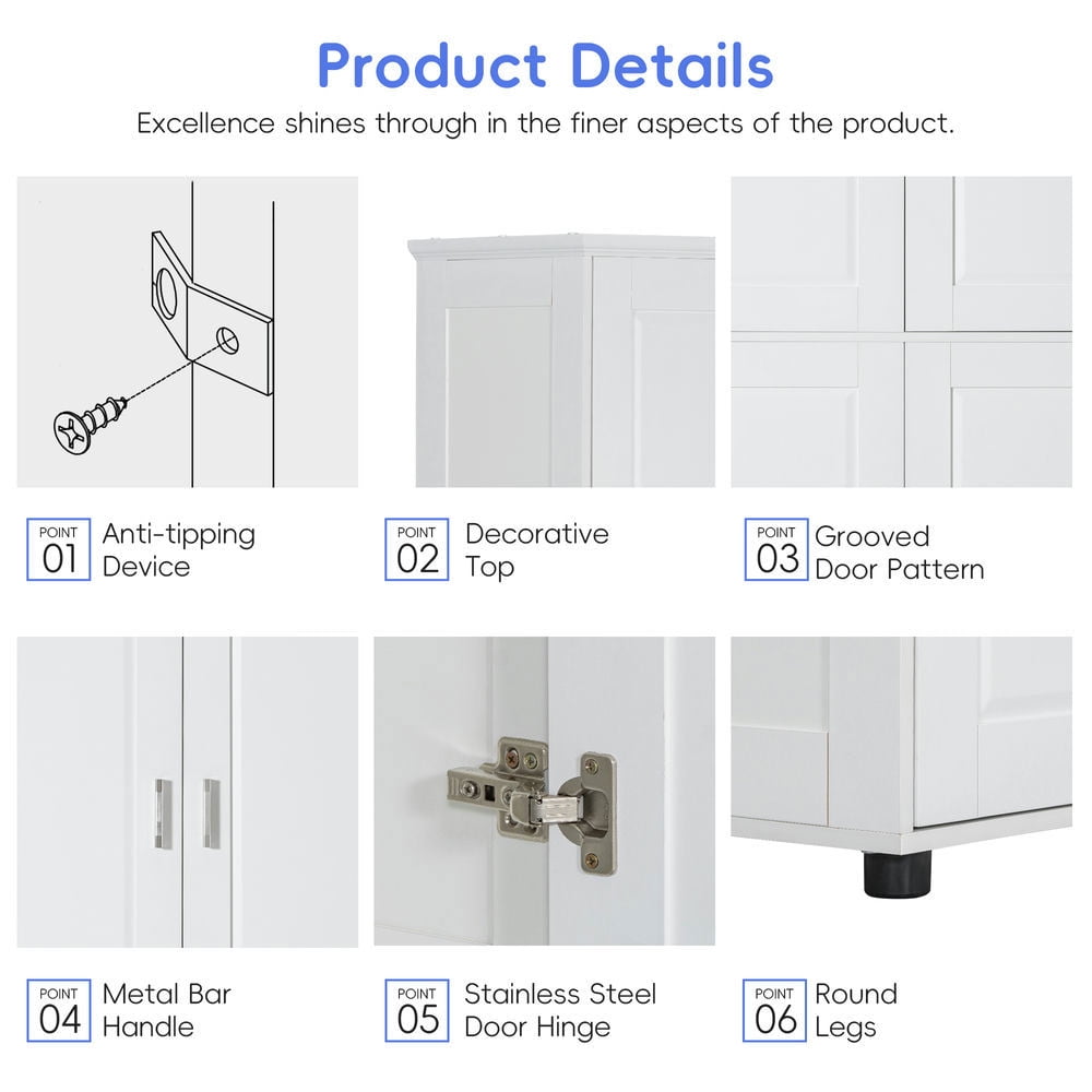GVN Bathroom Storage Cabinet, Bathroom Floor Cabinet,Tall and Wide Bathroom Floor Storage Cabinet with 4 Doors, Adjustable Shelves, White