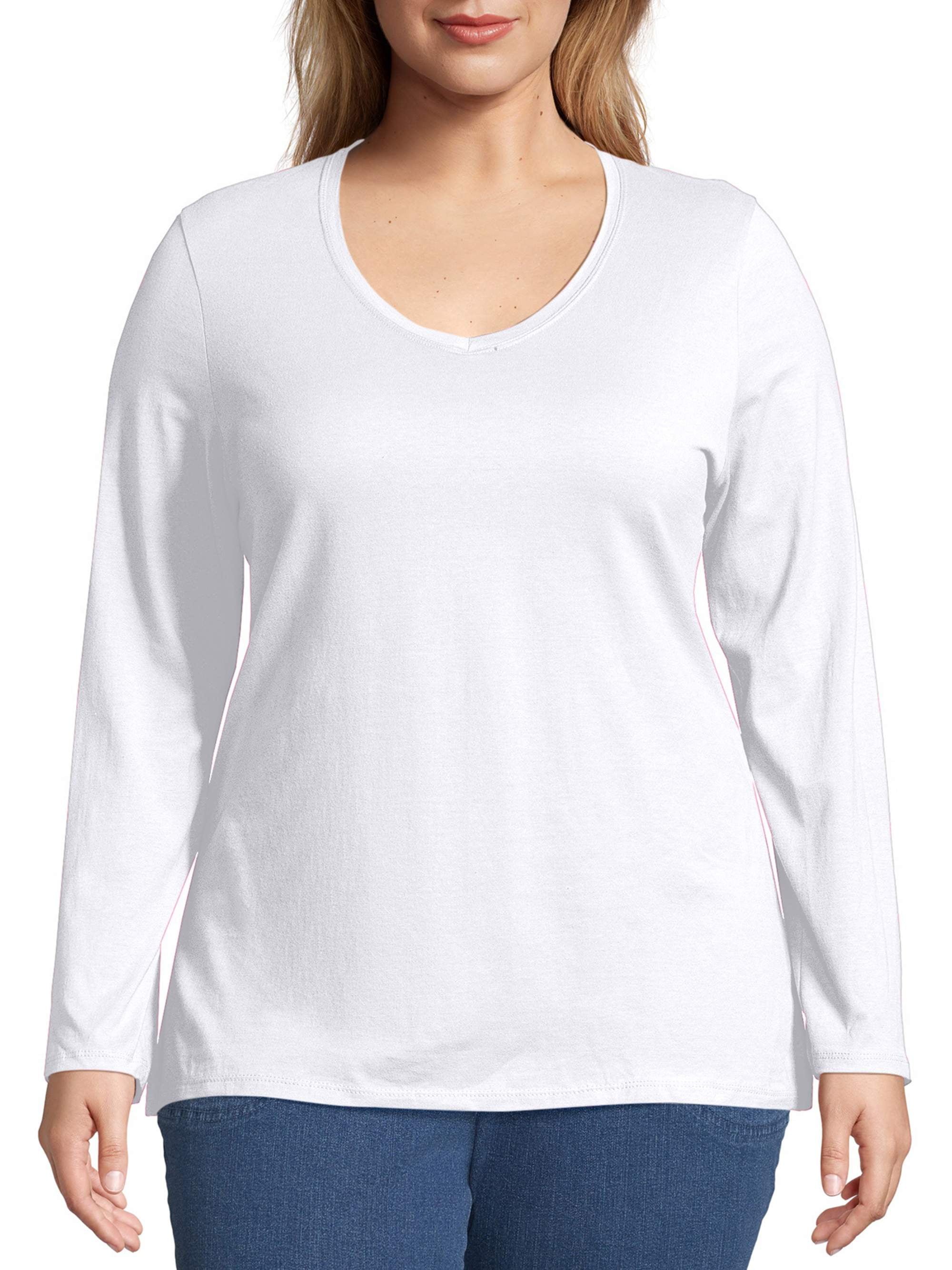 JUST MY SIZE Womens Plus Size Long Sleeve Graphic V-Neck Tee