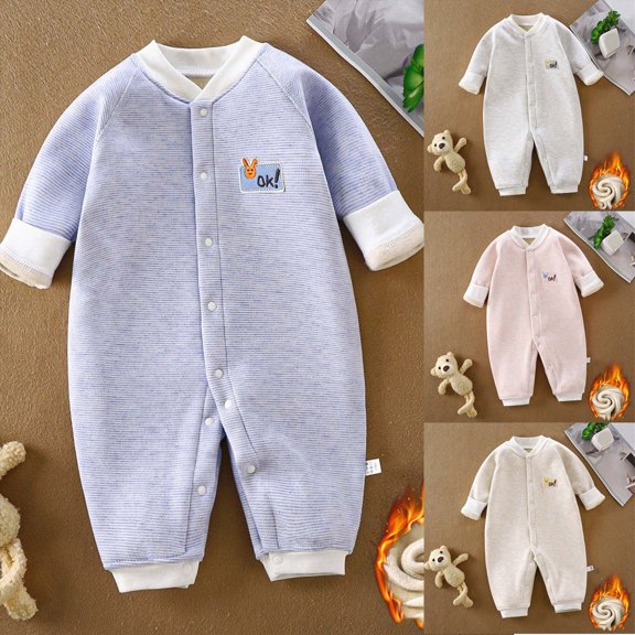 12-18 Months Toddler Fall Winter Striped Romper,Crew Collar Long Sleeve Bodysuit,Thick Soft Waffle Cotton Baby Jumpsuit for Unisex Infant 12 18 24 Months 2T 3T,Blue