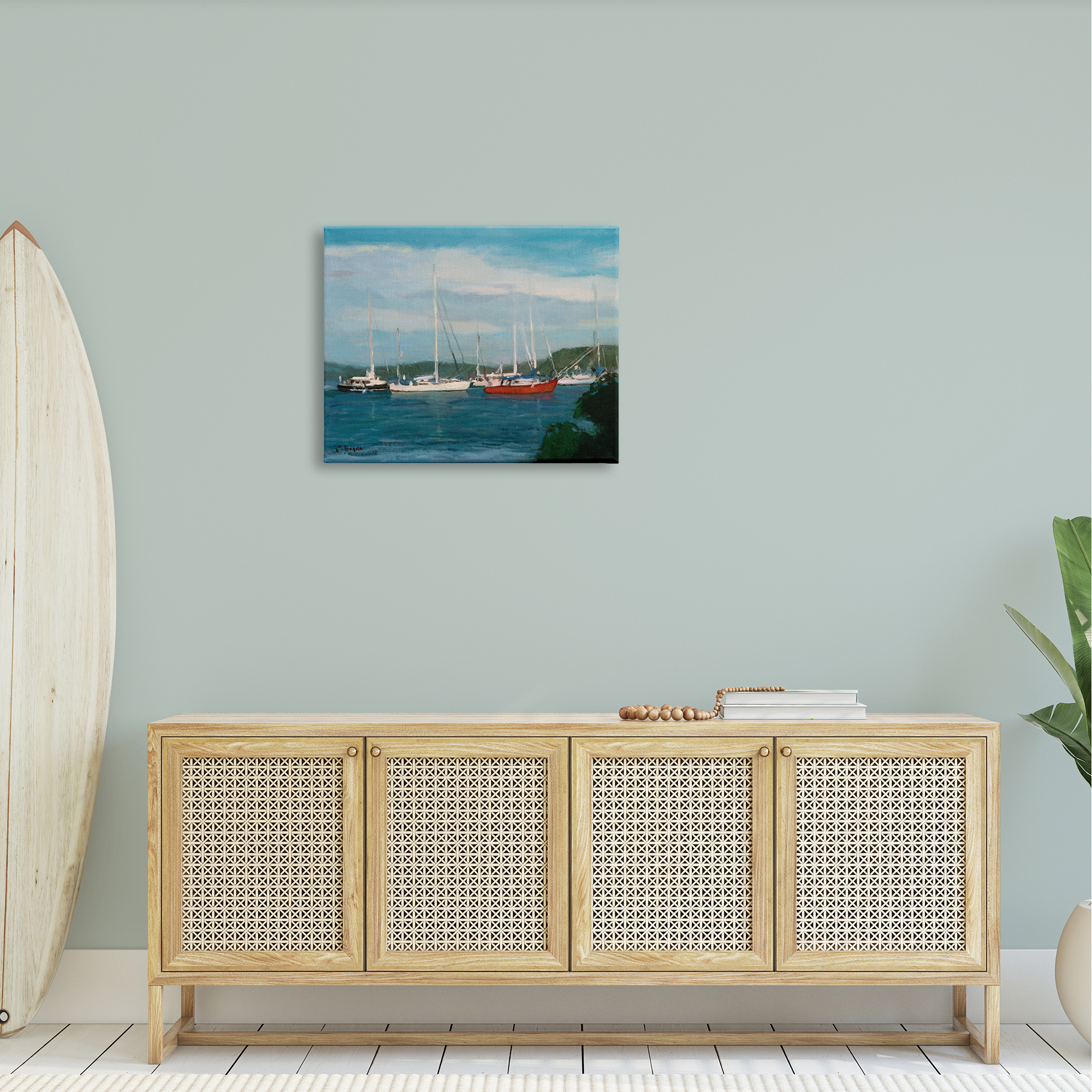 Stupell Industries Sailboat Fleet Afloat Ocean Water Distant Hills Painting Gallery Wrapped Canvas Print Wall Art, Design by Stephen Calcasola