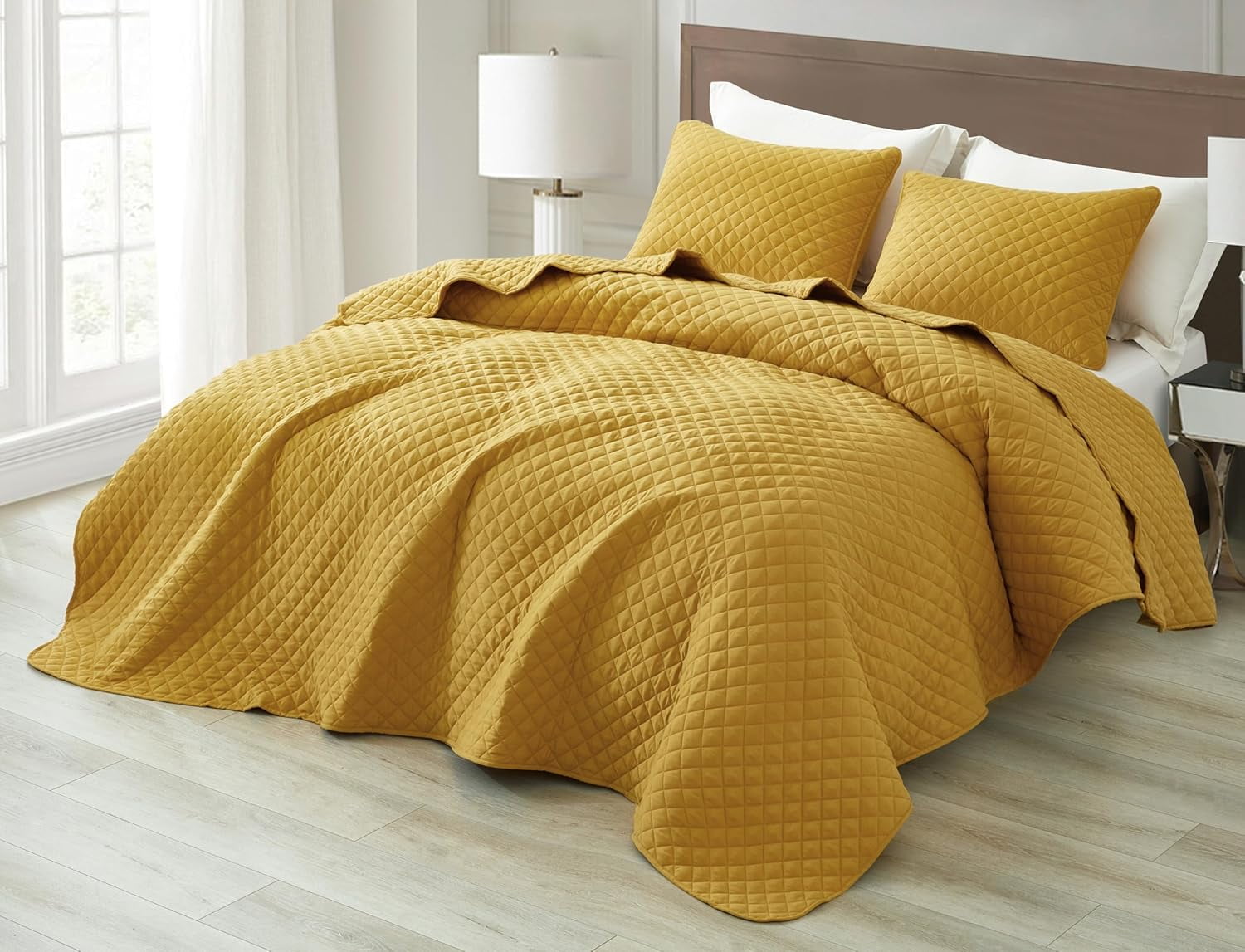 Chezmoi Collection Teo 3-Piece Mustard Yellow Queen Size Quilt Set - Diamond Stitched Lightweight Microfiber Bedspread Set Bedspread Set for All Seasons