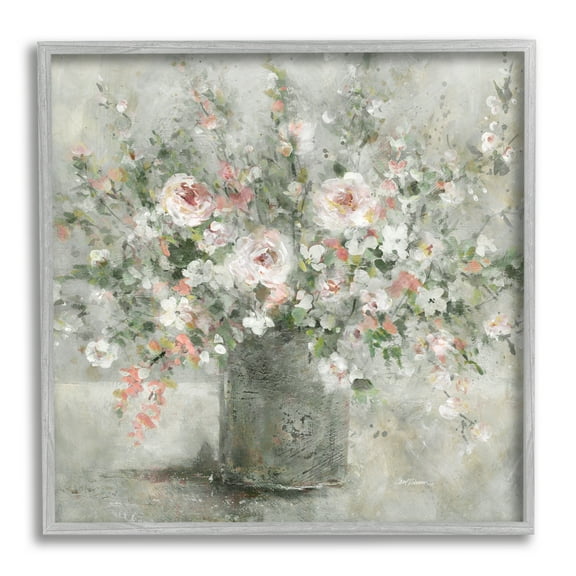 Stupell Industries Soft Pink Blooms Farmhouse Bouquet Botanical & Floral Painting Gray Framed Art Print Wall Art