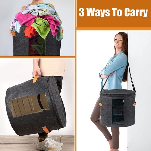 Round Hat Storage Box - Foldable Hat Box with Lid for Stuffed Clothes and Animal Toy, Carrying Organizer Box Dark Grey