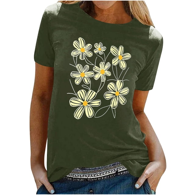 KIHOUT Nouveau Haut de Mode d'Été pour Femmes 2025, T-Shirt à Manches Courtes à Col Rond Décontracté à Imprimé Floral Vert Armée 2TG