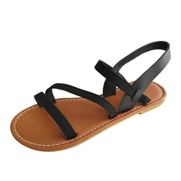 QYZEU Summer Sandals Women Flat Bottomed Flip Flops for Women Sandals Women's Elastic Strappy Sandals Summer Holiday Fashion Open Toe Beach Shoes Black