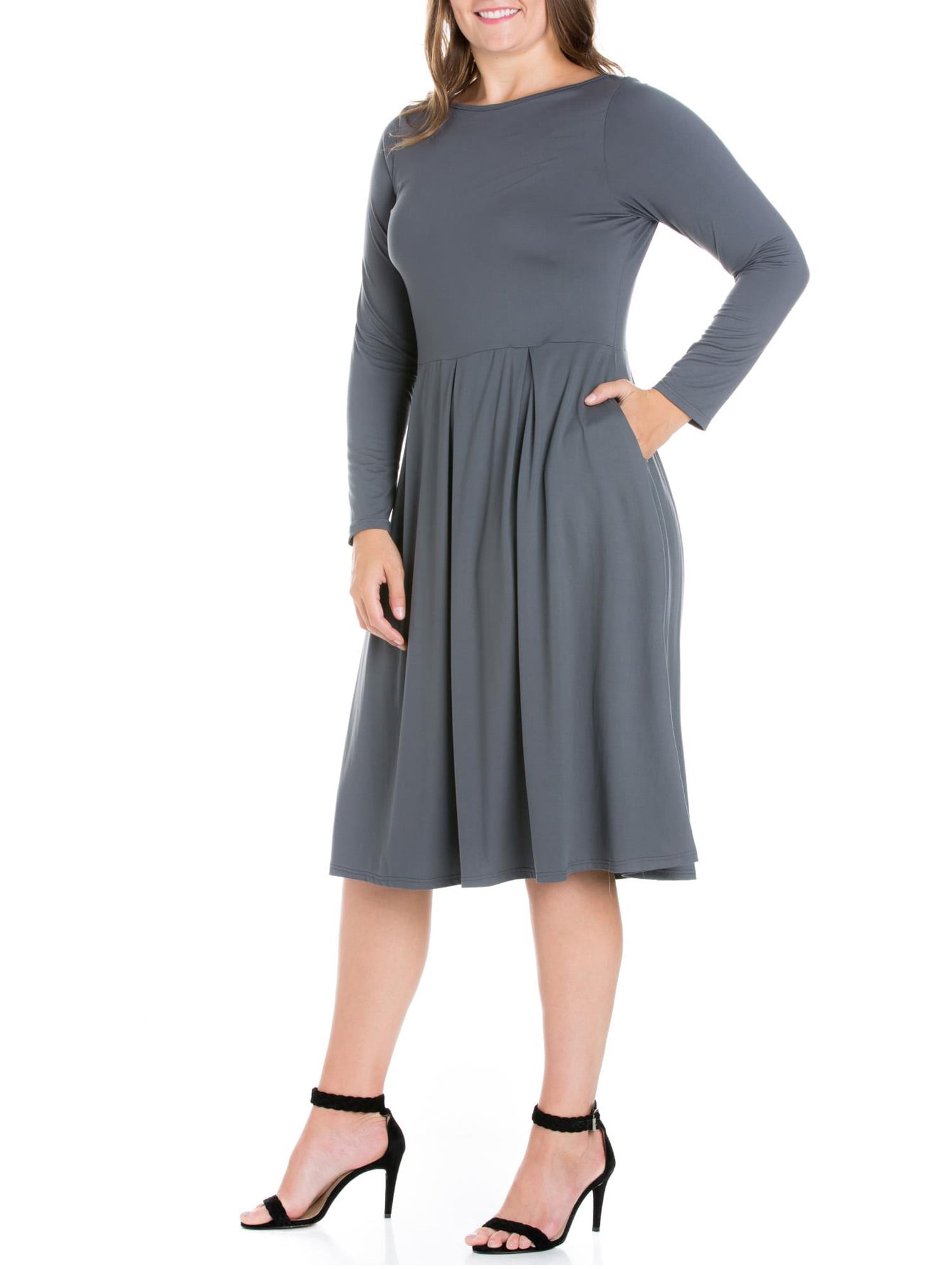24/7 Comfort Apparel Women's Plus Size Long Sleeve Fit and Flare Midi Dress