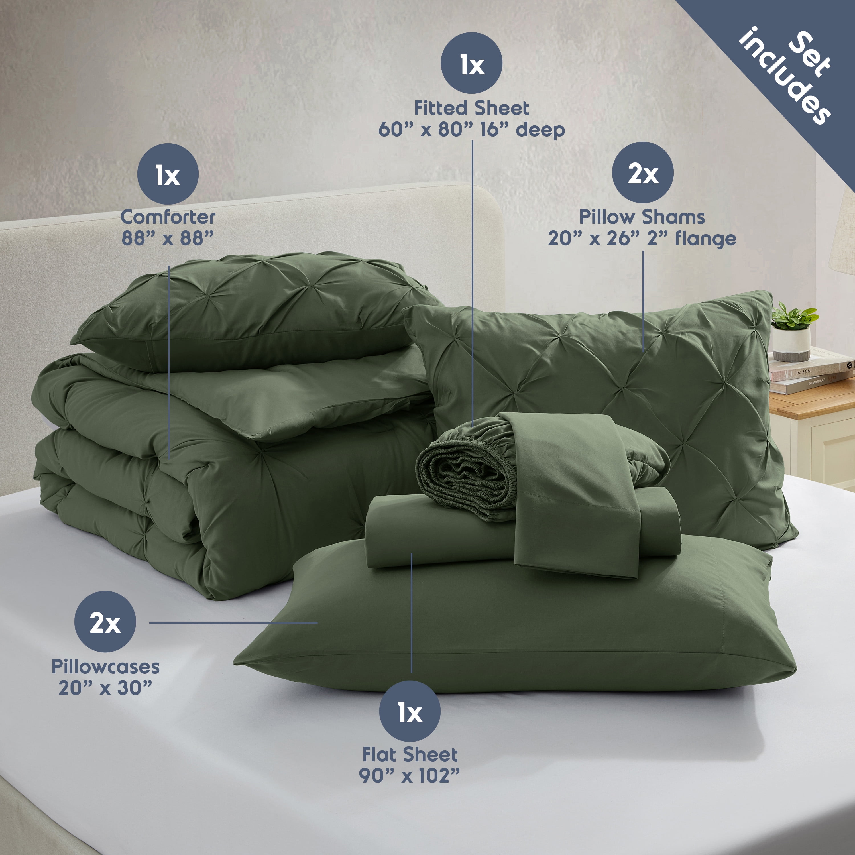 LammaLoe Queen Comforter Set, 7 Piece Bed In A Bag Pintuck Bedding Sets, Olive Green
