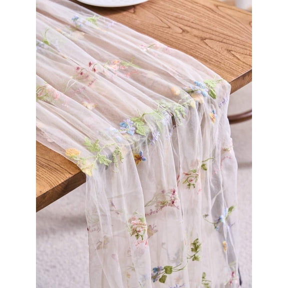 Champagne Floral Embroidered Tulle Table Runner, Farmhouse Style Transparent Rectangular Tablecloth For Weddings, Parties, Daily Use