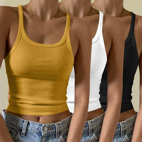 QUINDOS 3 Pack Womens Tank Tops Ribbed Summer Athletic Camisoles for Women Pack Crew Neck Running Sleeveless Spaghetti Strap MultiPack Cami Shirts Slim Fitted Solid Color Undershirts
