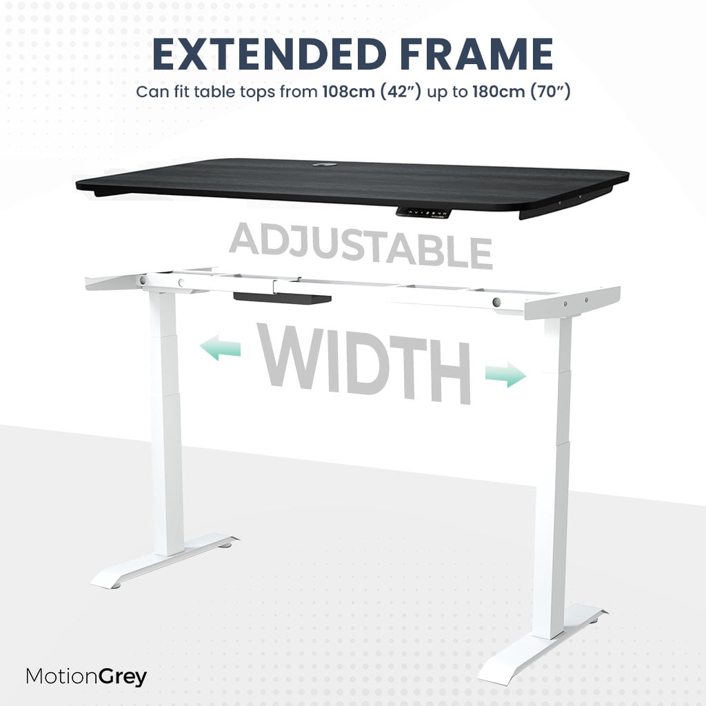 MotionGrey Height Adjustable German Electric Dual Motors Sit to Stand Standing Desk - White Frame with Black Tabletop (140cmx71cmx2.5cm)