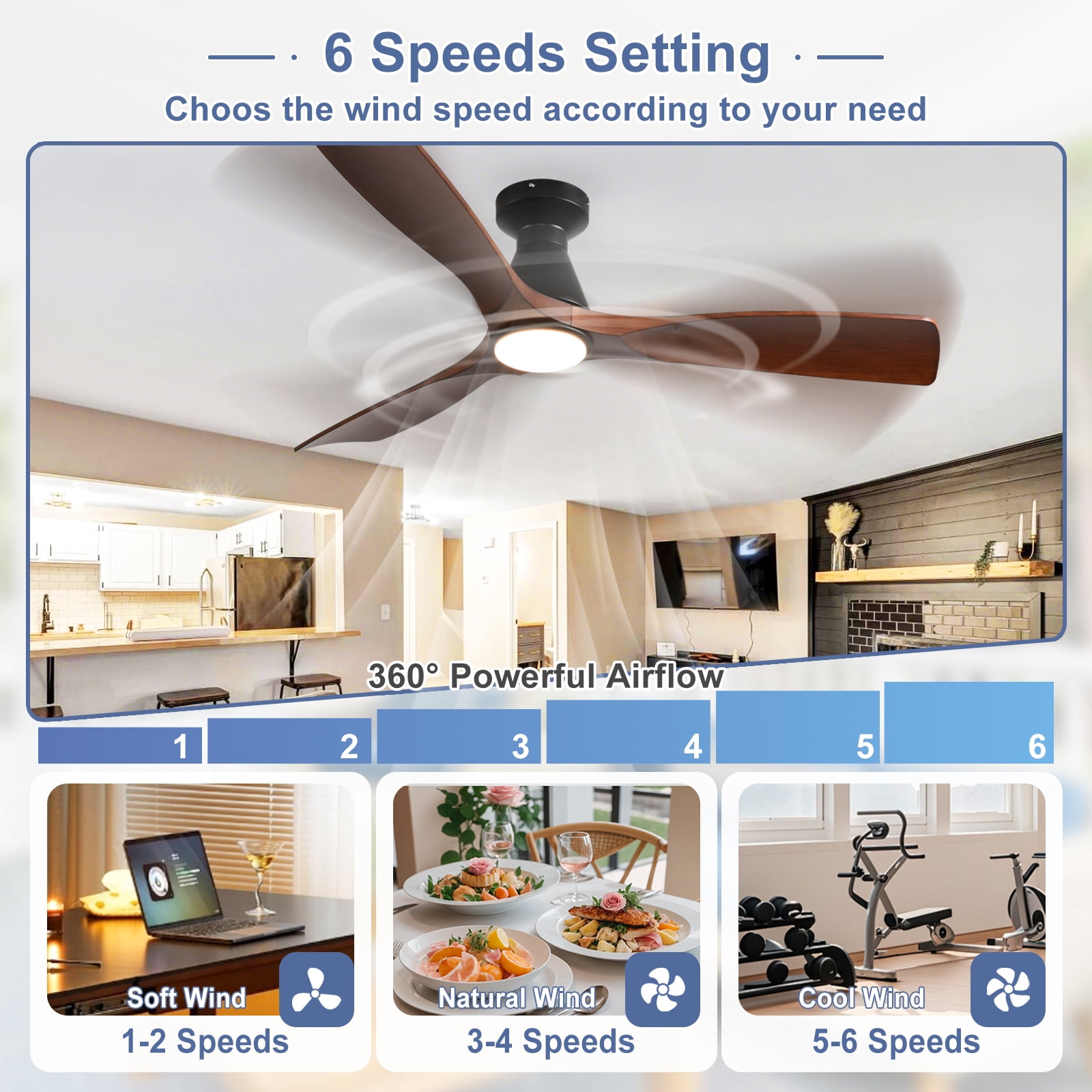 DingLiLighting 52-Inch Ceiling Fan with Lights: Walnut Flush Mount Ceiling Fan with Remote APP Control - Low Profile 3-Blade Fans for Indoor Outdoor 24W 3CCT Dimmable Timer DC Motor