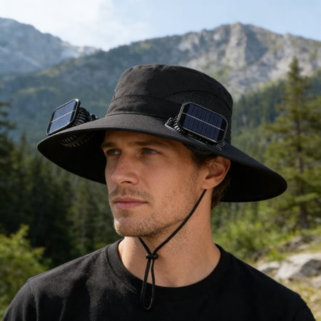 Solar Powered Fan Hat Wide Brim Boonie Sun Hat with 2 Solar Fans 3 Speed Adjustable & USB Charging Ultralight Cooling Bucket Hat for Men Outdoor Fishing