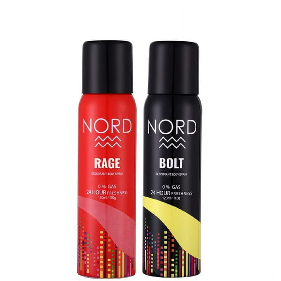 Nord Déodorant Vaporisateur Corporel pour Hommes Lot de 2X 120ml - 4,05 Fl.oz. Chacun Combo Déodorant Rage + Bolt pour Garçons - Fraîcheur 24 Heures, Sans Gaz avec Notes de Musc, Ambre, Mandarine, Lavande et Orange