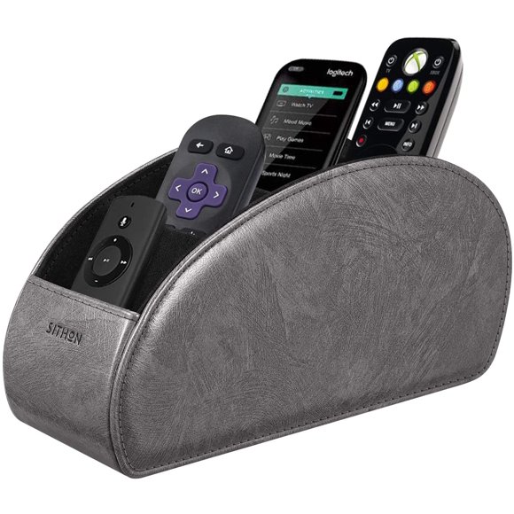 SITHON Remote Control Holder with 5 Compartments - PU Leather Remote Caddy Desktop Organizer Store TV, DVD, Blu-Ray,