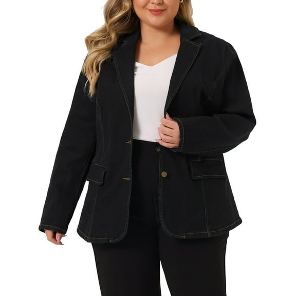 Agnes Orinda Women's Plus Size Denim Blazer Notched Lapel Button Work Jean Jackets 2X Black