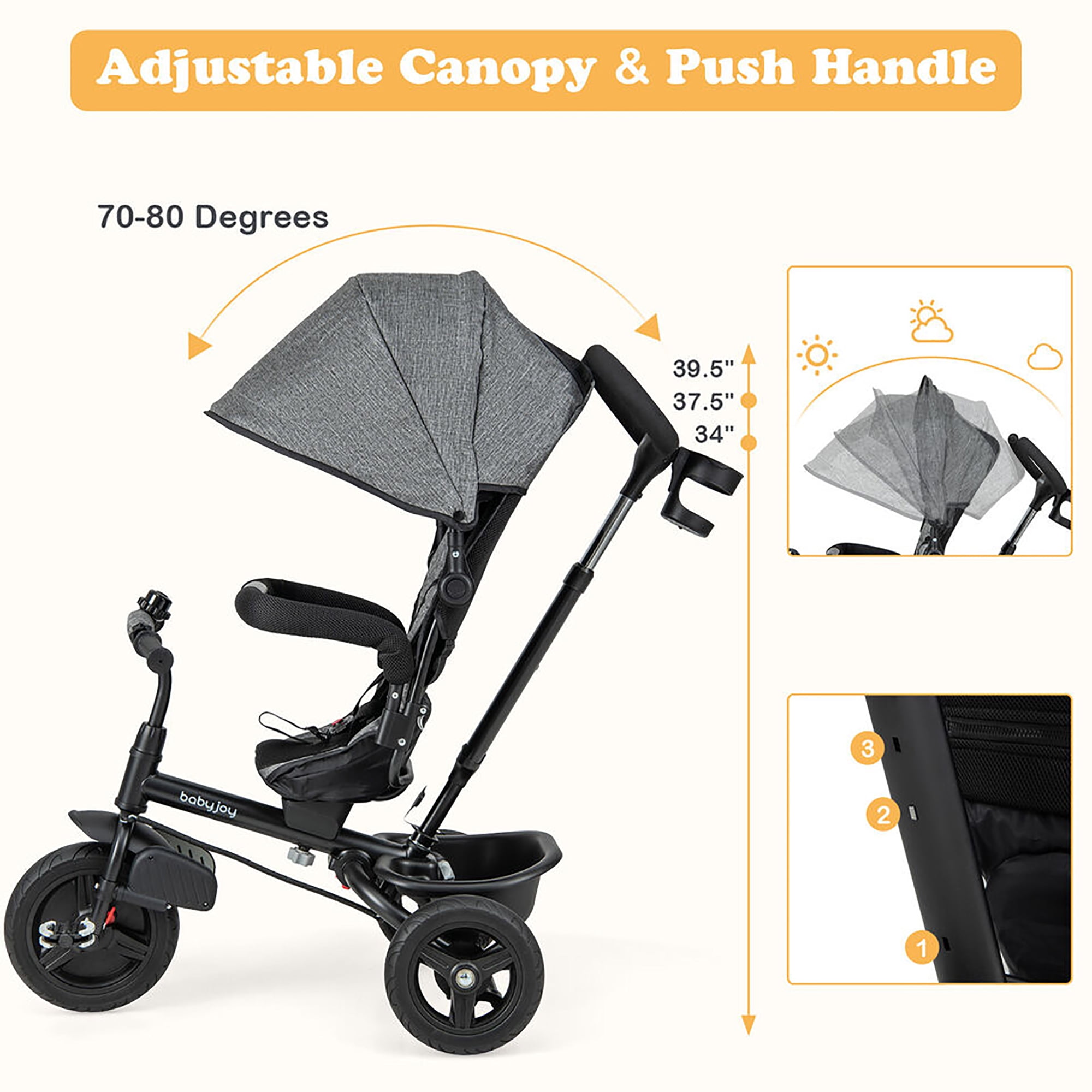 Gymax 4-in-1 Baby Tricycle Toddler Trike w/ Reversible Seat Canopy & Push Handle Gray