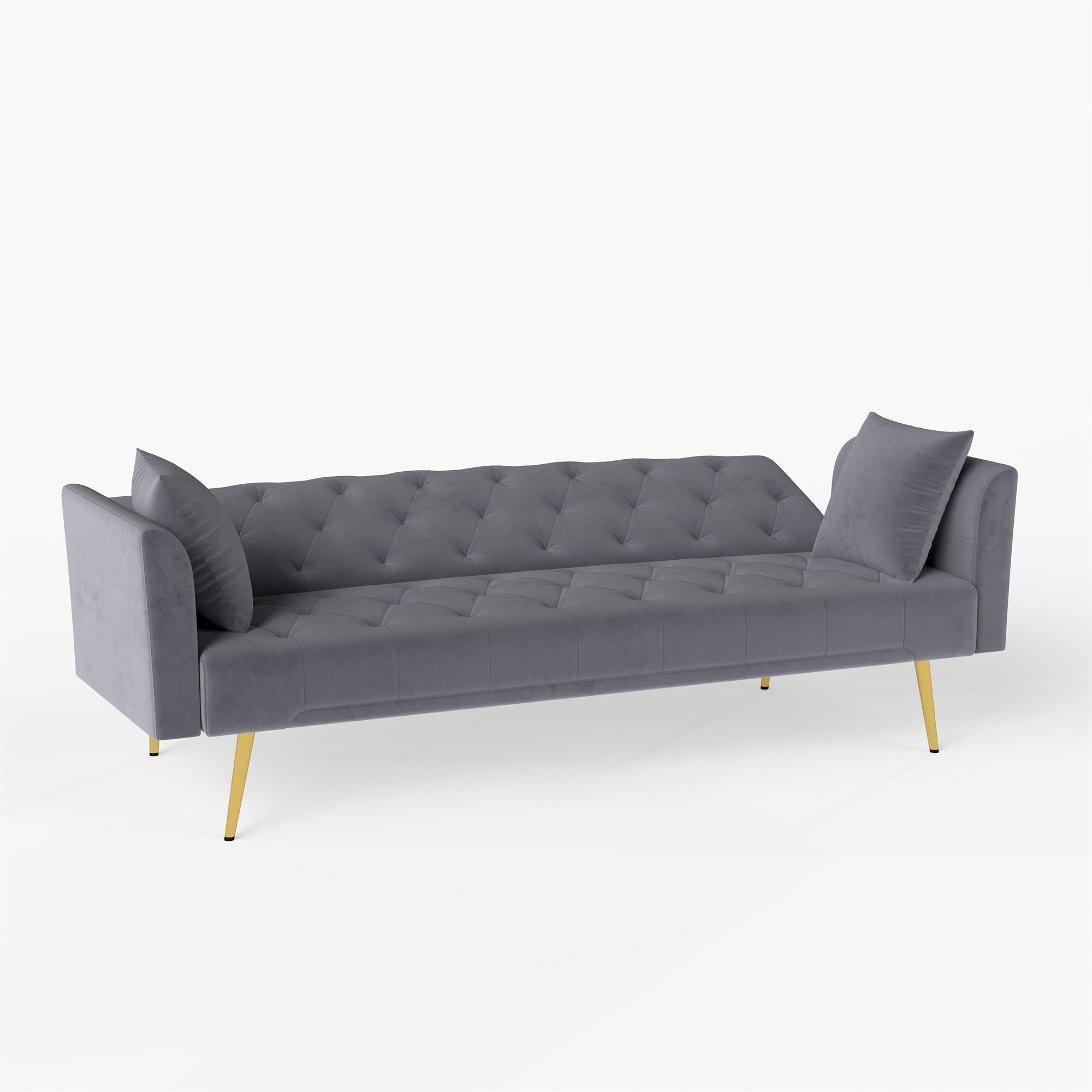 Aukfa 72" Tufted Futon Convertible Sofa Bed for Home Office, 2 Pillows, Velvet, Gray