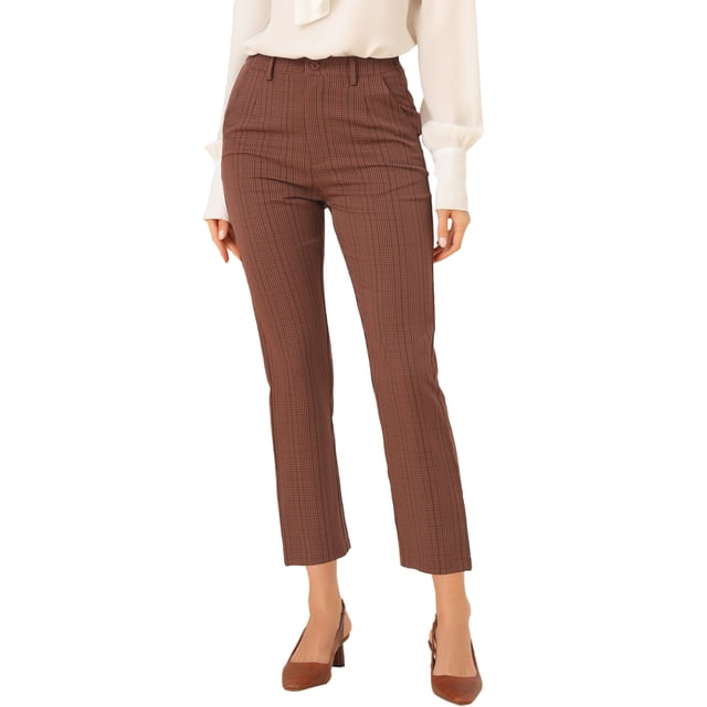 INSPIRE CHIC Pantalones de tobillo de trabajo de oficina trasera elásticos de cintura alta a cuadros de mujer marrón S