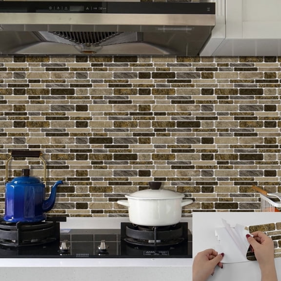 12 Pcs/Set Peel and Stick Tiles Stickers Brown Gray Marble Pattern 4.72 x 9.68inches DIY Decor Mosaic Wall Decals for Kitchen Bathroom