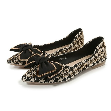 

Women‘s All-match Bow Decor Houndstooth Pattern Point Toe Soft Bottom Flats