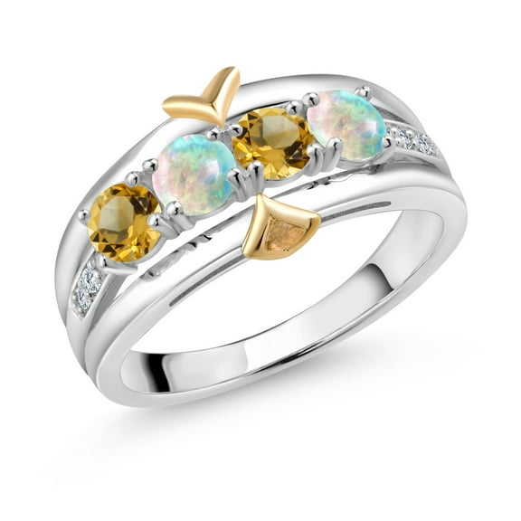 Gem Stone King 1.06 Ct Yellow Citrine White Simulated Opal 925 Silver and 10K Yellow Gold 4-Stone Lab Grown Diamond Band Ring (Size 5)