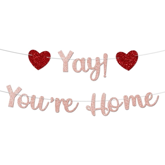 Rose Gold Glitter Welcome Home Banner, Yay! You're Home Banner for Welcome Back, Housewarming & Military Return Party Decorations & Decor, No DIY.