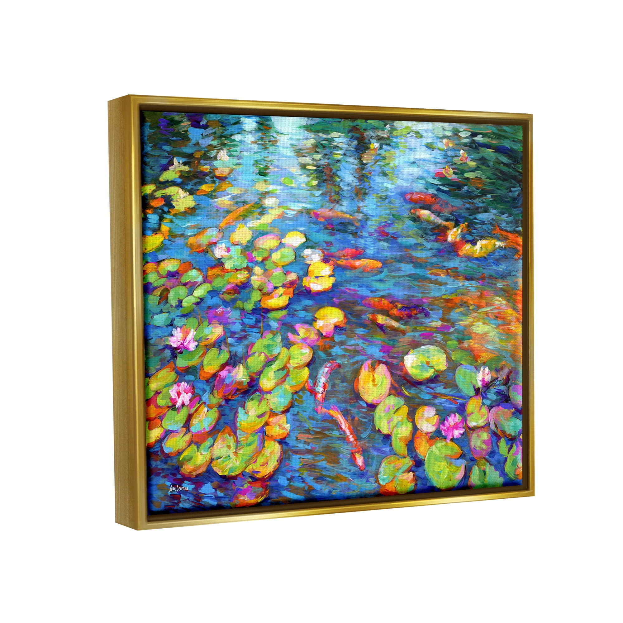 Stupell Industries Koi Fish and Water Lilies Landscape Painting Gold Floater Framed Canvas Art Print Wall Art, 31 x 25