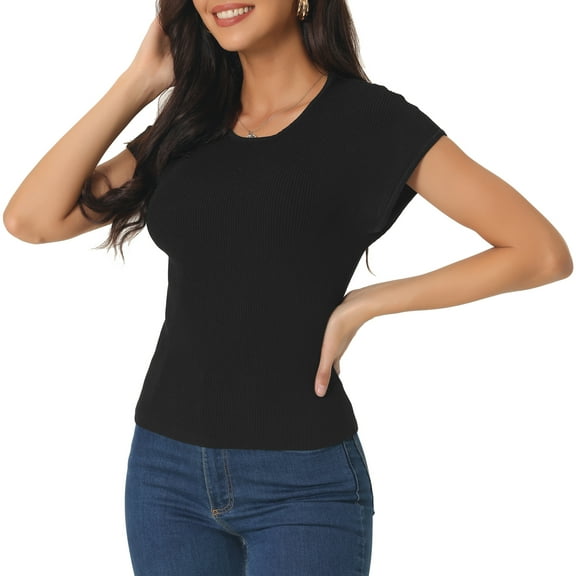 Unique Bargains Women's Cap Sleeve Knit T Shirts Crewneck Basic Tops Solid Blouse S Black