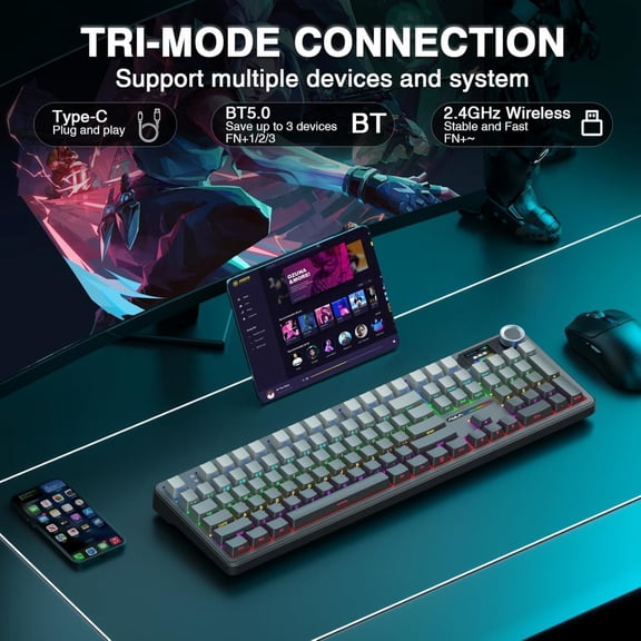 AULA F108 Pro 104-Key Wireless Mechanical Gaming Keyboard, RGB Illuminated, Tri-Mode, Hot-Swappable, Knob, Smart Screen, Full-Size, Gradient Gray