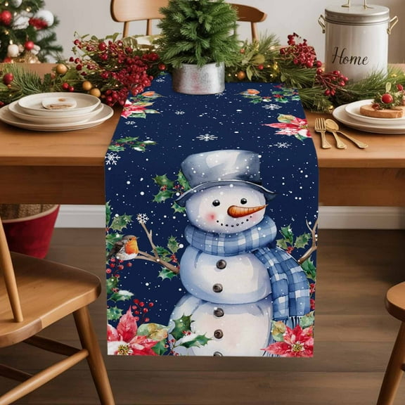 Christmas Snowman Cotton Linen Table Runner Blue Christmas Tree Snowflakes Winter Dining Table Runners for Home Decor Party Dining Room Restaurant Kitchen Party 13" x 48"