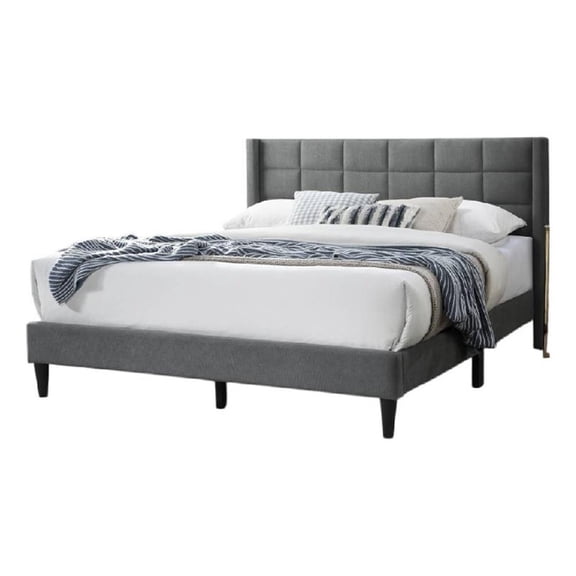 Meno Queen Size Bed- Square Stitched Slate Gray Linen Upholstery