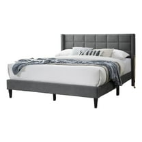 Meno Queen Size Bed- Square Stitched Slate Gray Linen Upholstery