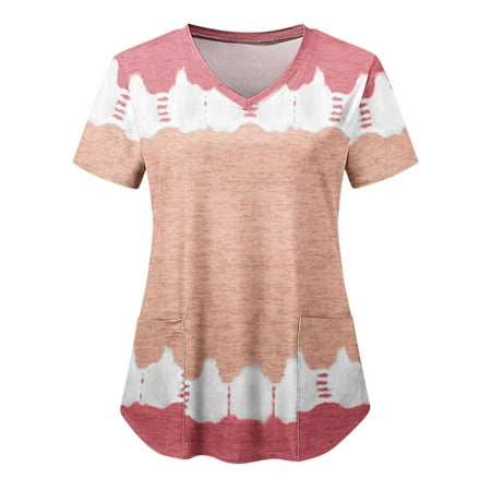 

Xutthjh Casual Blouse Women Scrubs Top Fashion Gradient Printed Short Sleeve V-Neck Tops Holiday Working Uniform Blouse Shirt With Pockets
