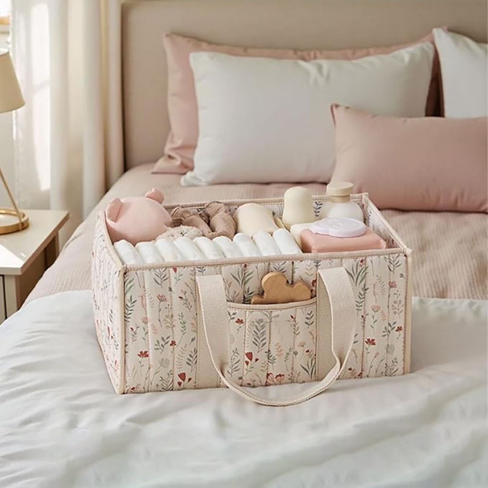 HUISZJ Floral Diaper Caddy Organizer, Stylish Nursery Storage Basket with Handle, Reusable Storage Bag for Newborn Work Travel Outdoor (Beige)