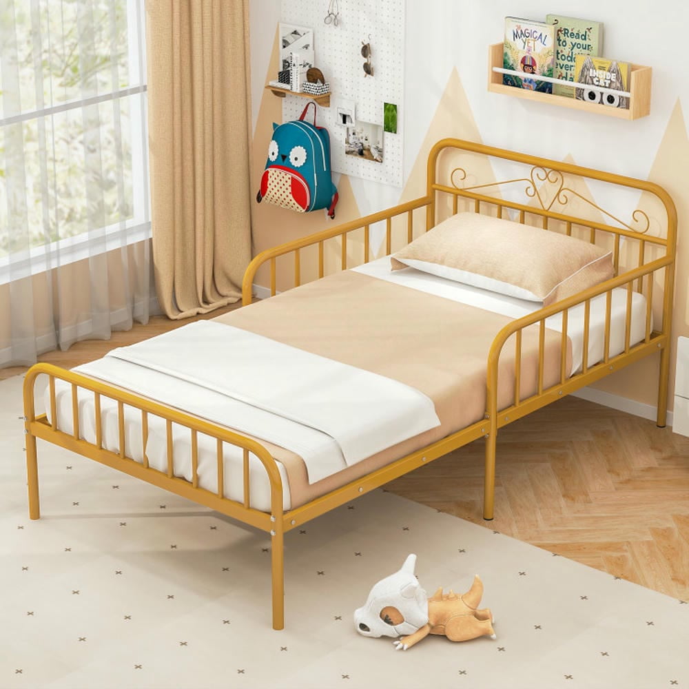 Barara King Bedroom Bed Frame, Bed Platform Frame,Twin Size Bed Frame with Headboard and Safety Side Guardrails-Gold