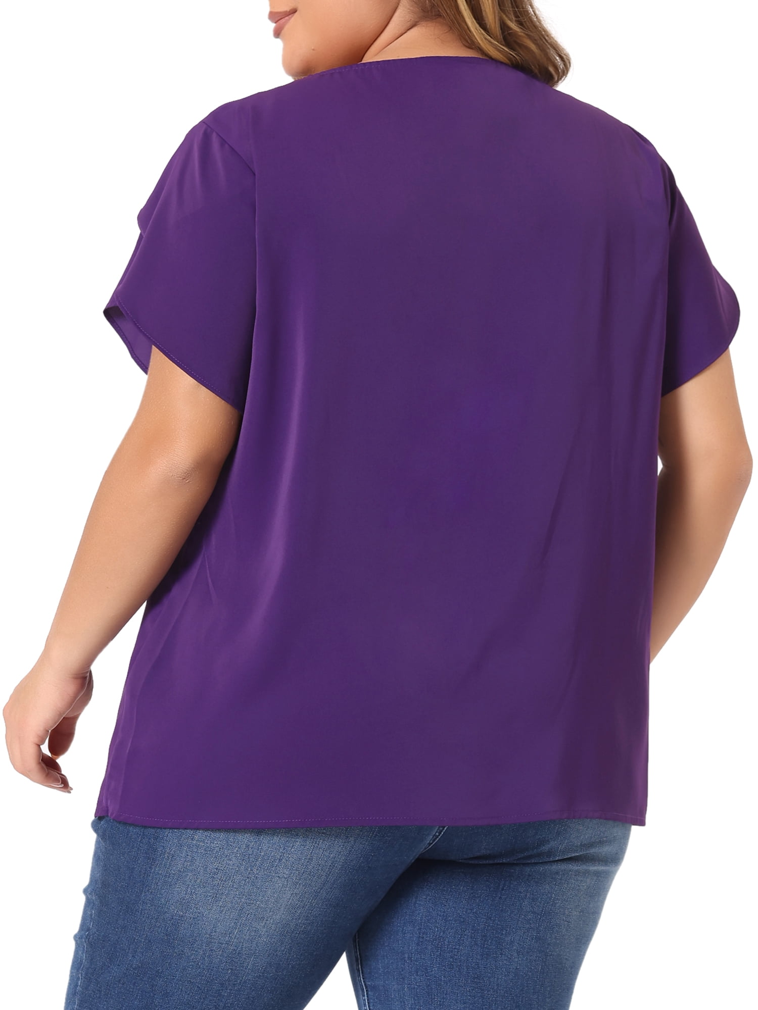 DARING DIVA Women's Plus Size Round Neck Pleated Tulip Sleeve Shirt Blouse 3X Purple