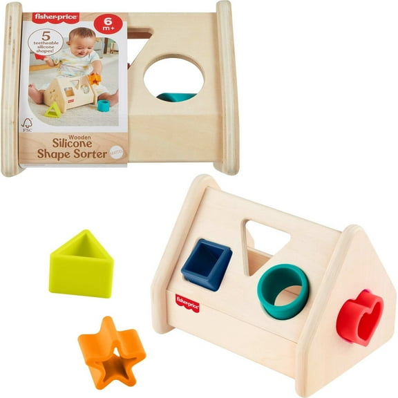 Fisher-Price Wooden Silicone Shape Sorter, Developmental Activity Toy with Wood Base for 6 Months  