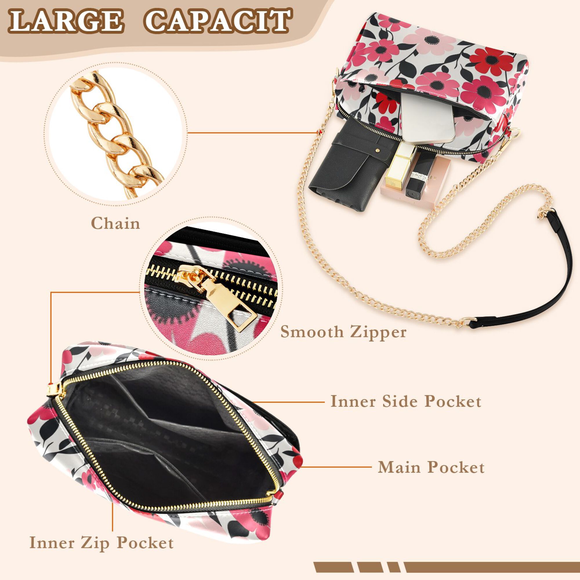 FORMRS Women Crossbody Purse with Chain Strap Vegan Leather Shoulder Handbag, Pink and Red Flowers