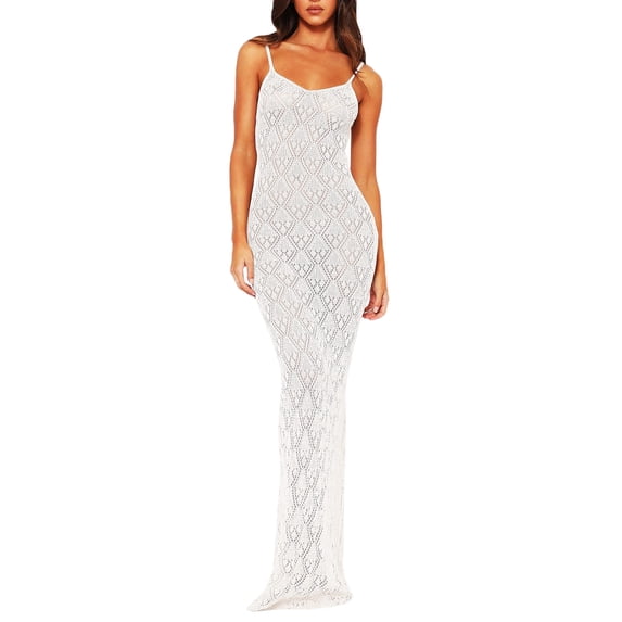 Franhais Women Beach Sleeveless Dress With Solid Color Geometric Pattern Long Type Skinny Version Clothing White Club Street Style(S-L)