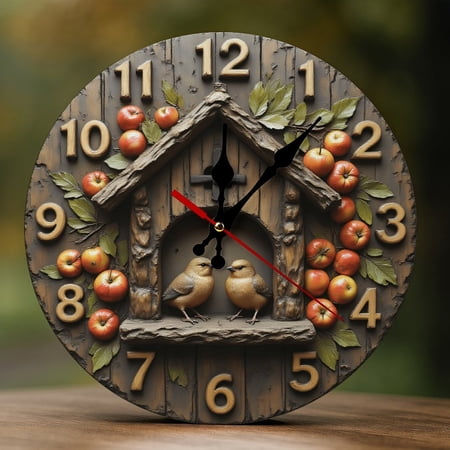Wall Clock Decorative - Rustic Orange Birdhouse Print 2D Vintage Wall Clocks Battery Operated Silent Non-Ticking for Bedroom, Living Room, Kitchen, Office, Classroom, 10 Inch