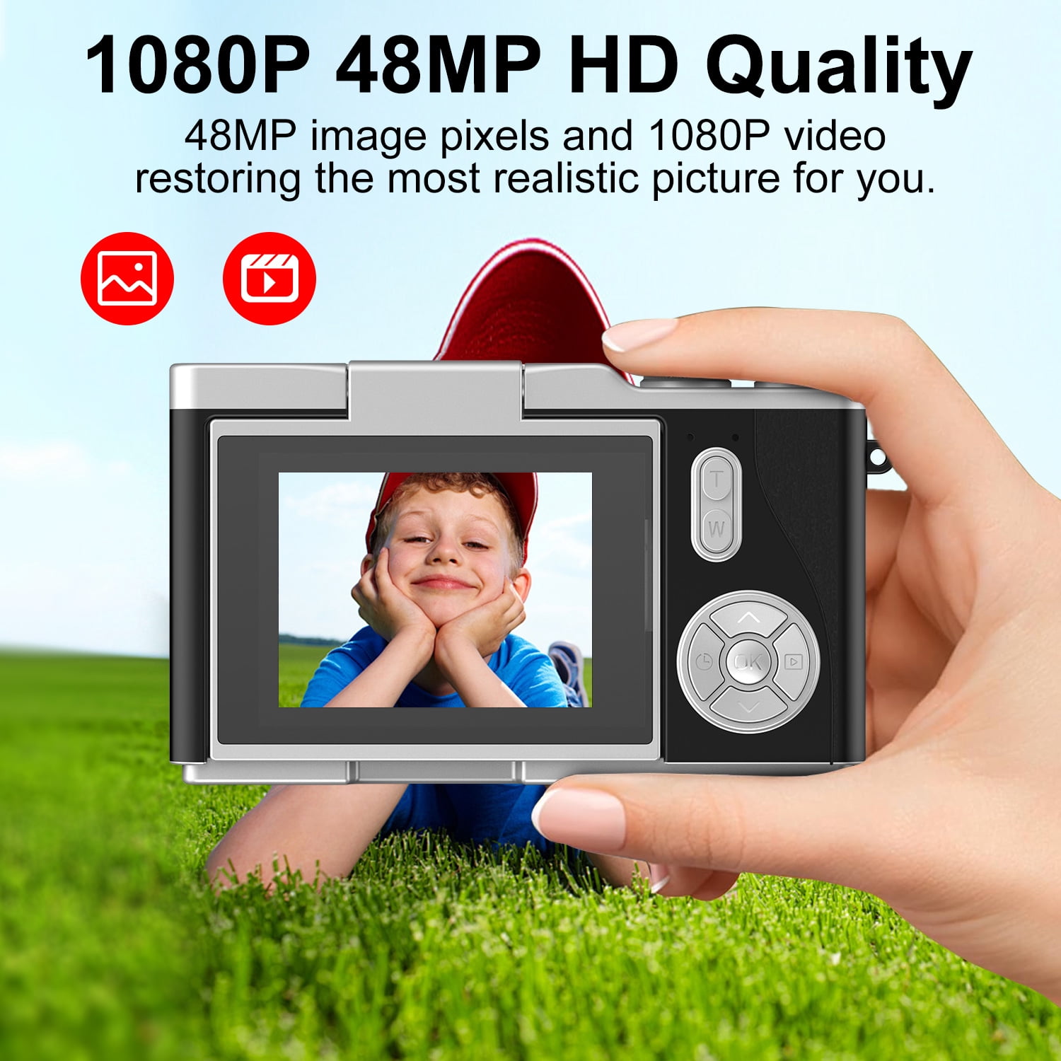 AndHot Digital Camera Kids Camera FHD 1080P 48MP Vlogging Camera with 180°Flip Screen 16X Zoom,Portable Digital Video Cameras Travel Compact Camera Autofocus with 32GB Card for Home or Travel(Black)