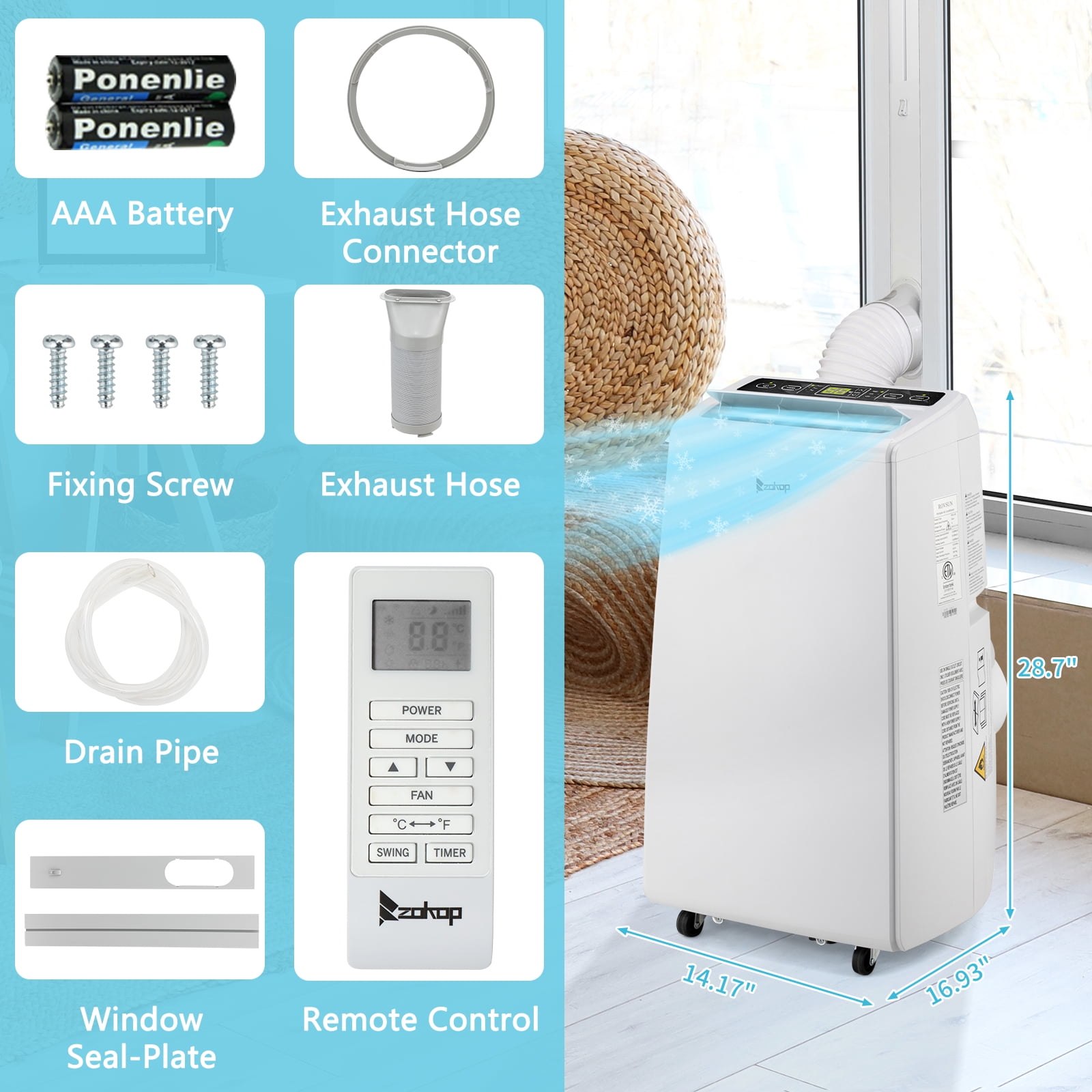 EasingRoom 12000BTU 110V Overhead Air Mobile Portable Refrigeration Air Conditioner ,White