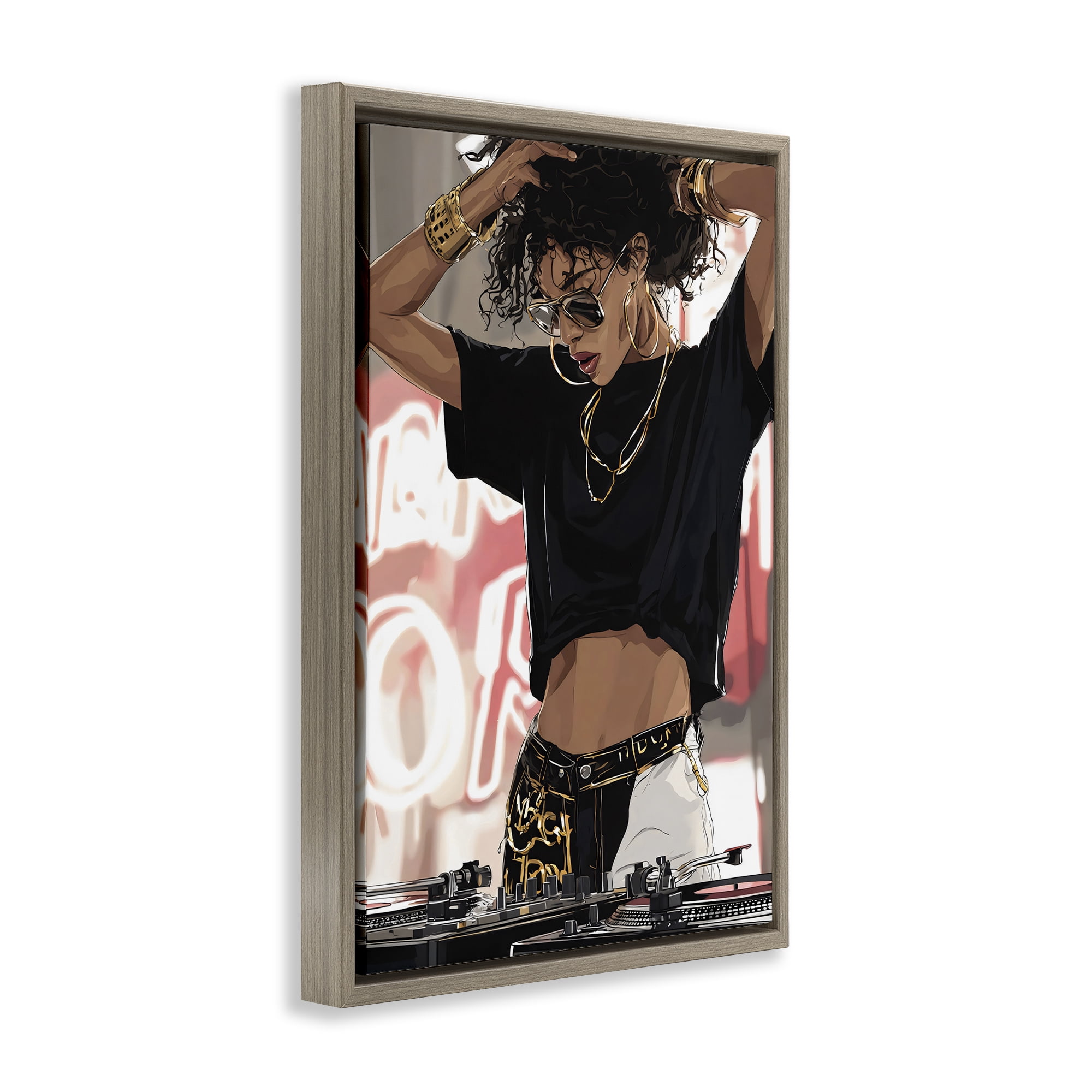 Stupell Industries Trendy Female DJ Musician Brown Framed Floater Canvas Wall Art, design by Franklyn Gregory