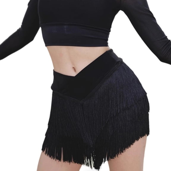 Professional Dance Skirt Latin Skirt With Swinging Fringe Trim Elastic Polyester Fabric Dance Costume For Women