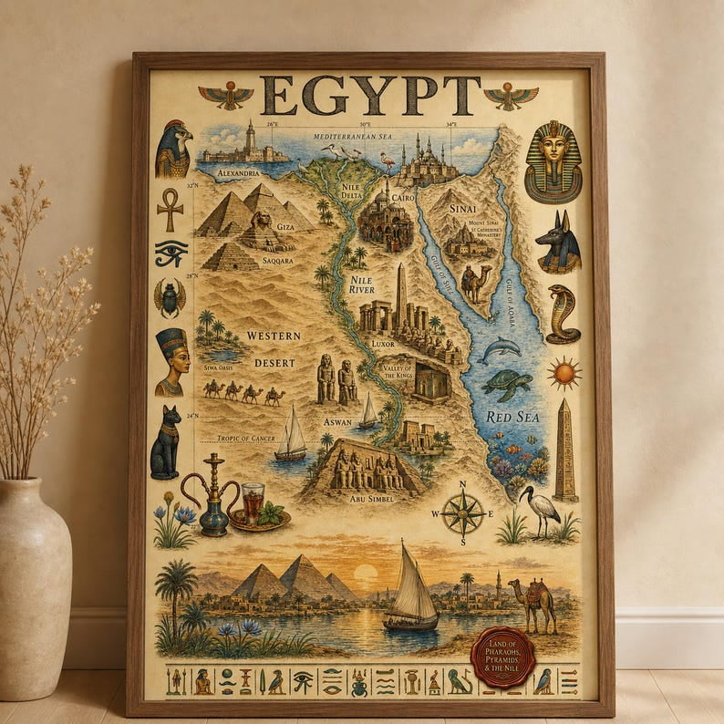 Egypt Map Wall Art, Vintage Illustrated Travel Poster GooGate - 8X12, UNFRAMED